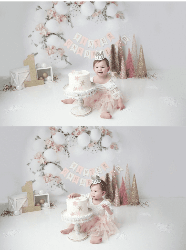 Double photo of little girl in pink smashing a cake