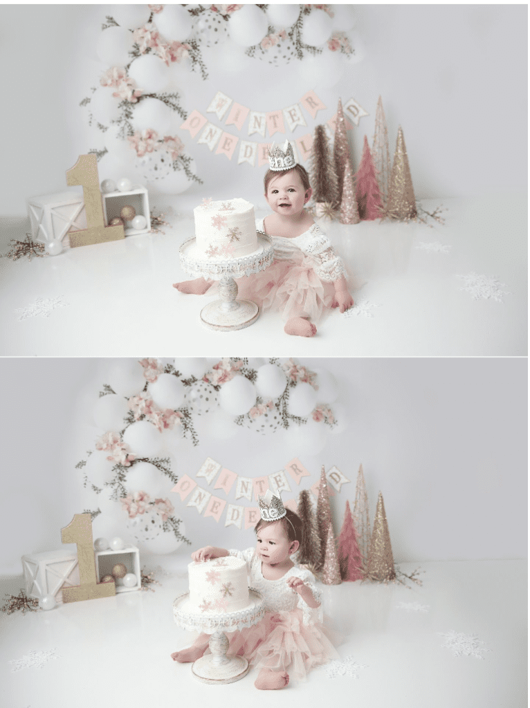 Cake Smash Photographer — Grove City, Ohio 4 Double photo of little girl in pink smashing a cake