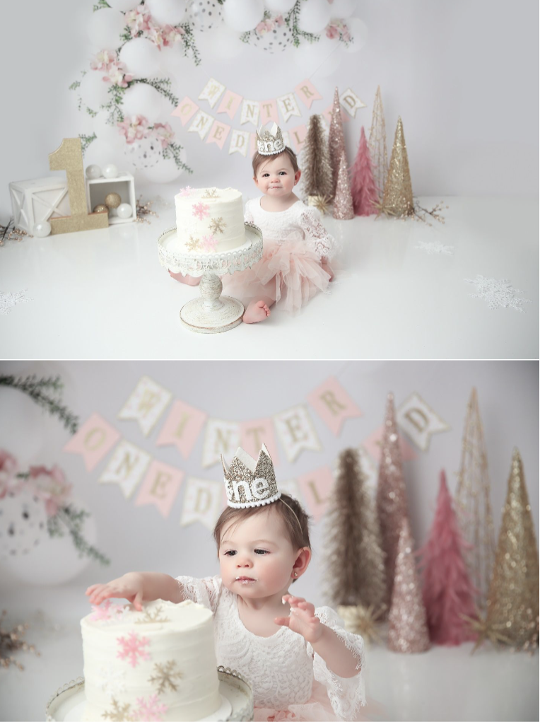Cake Smash Photographer — Grove City, Ohio 5 Double photo of little girl in pink smashing cake