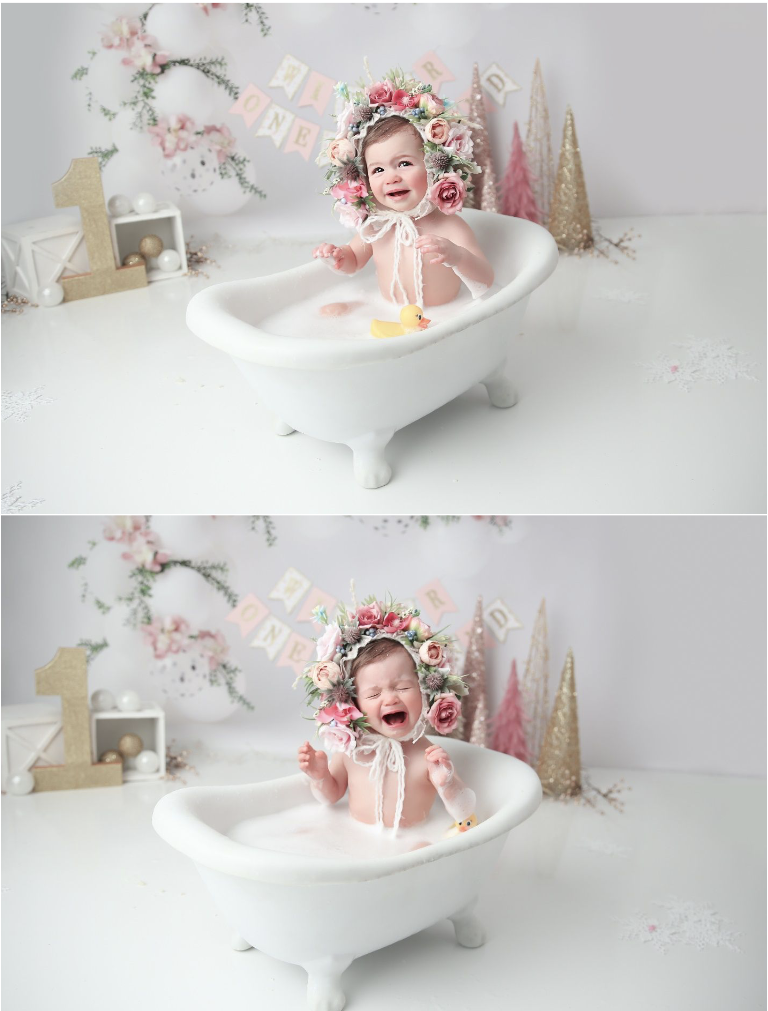 Little girl in flower bonnet in white bath tub