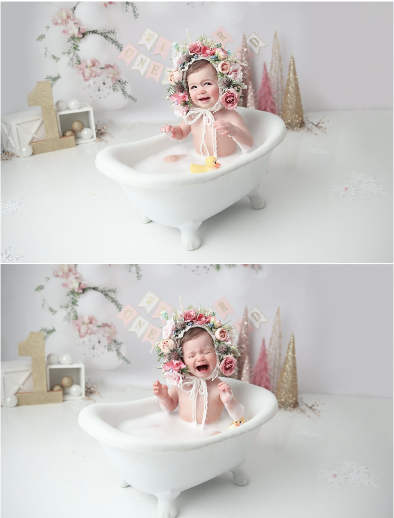 Cake Smash Photographer — Grove City, Ohio 7 Little girl in flower bonnet in white bath tub